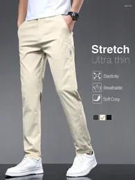 Men's Pants Summer Ultra-thin Elastic Casual Fashion Soft Ice Silk Solid Colour Waist Slim Straight Trousers Black Beige