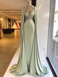 Elegant Mermaid Evening Dresses With Detachable Cape Beaded Crystal Formal Prom Gowns Custom Made Plus Size Pageant Wear Party Gow3218069