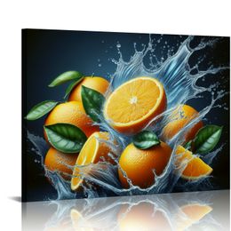 Kitchen Wall Art Fruit in Water Fresh Orange Lemon Strawberry Pictures Print Colorful Food Artwork for Canteen Restaurant Framed