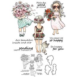 Mangocraft Girls Holding Flowers Cutting Dies Clear Stamps DIY Scrapbooking Metal Dies Silicone Stamps For Cards Albums Decor