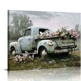Farmhouse Truck Wall Art,Old Car with Pink Flower Picture Canvas Prints Rustic Landscape Painting Vintage Artwork for Home Living Room Bedroom Bathroom Home Decor