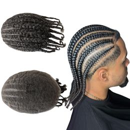 Brazilian Virgin Human Hair Replacement 1bGrey Afro Cornrow Braids Toupee Full Lace Unit for Old Black Men