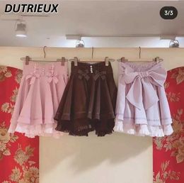 Skirts Spring and Autumn Weight Loss Rhinestone A-line Ski Resort Series Japanese Style Sweet Lace Bow High Waist Super Sprint S2452933