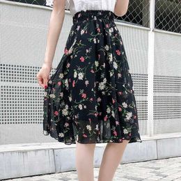 Skirts 2024 Summer New Arrival Retro Women Skirt Print Harajuku Crushed Flower Lady Skirt Elastic High Waist Slim Chiffon Skirt Female Y240528