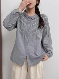 Women's Blouses Chic Gray Blouse For Women Tops 2024 Spring Japanese Fashion Long Sleeve Cotton Yarn Embroidered Plaid Shirts