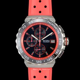 Mens Sport Watch Ceramic bezel Japan Quartz movement Chronograph Black dial Wristwatches Steel Case Red rubber strap hanbelson 1959
