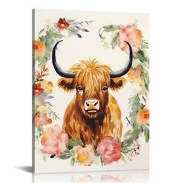 Baby Girls Highland Cow Boho Floral Wall Art Prints, Retro Flower Nursery Canvas Pictures Kids Toddler Room Decor, Farm Animal Yak Poster