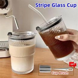 Wine Glasses 1/2Pcs 400ml Stripe Glass Cup Transparent With Lid And Straw Ice Coffee Mug Tea Juice Milk Water Drinkware