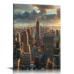 New York City Wall Art Decor Skyline of US Canvas Pictures Modern Artwork Skyscrapers Buildings Cityscape at Sunset Painting Prints on Canvas for Home Living Room