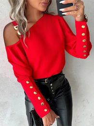 Womens Sexy Cold Shoulder Button Decor Ong Sleeve Blouse Top Autumn Winter Fashion Red Black Casual Blouses Tops Y2K Clothes 240530