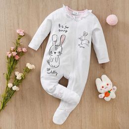 Rompers Infants White rabbit Print 0-18 months Bodysuit Spring and Autumn Comfy Long Sleeve Onesie Baby Boys Clothing As Gift Y240530SBZN
