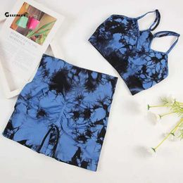 Women's Tracksuits CHRLEISURE Tie Dye Set Women Seamless Sports Suit Cycling Shorts with Running Bra Gym Tracksuit Elastic Fitness Outfit z240530