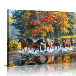 Golden Landscape Home Decor Canvas Print Painting Colorful Animal Horse Picture Wall Art Contemporary Framed Living Dining Room Decorations