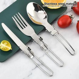 Dinnerware Sets Stainless Steel Cutter Fork Spoon Set Folding Cutlery For Camping Picnics Portable Outdoor Soup