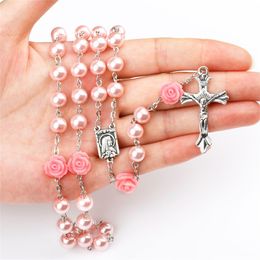 6 mm rosa Rosenkranz Halskette für Frauen Rose Glasperlen Kette Kruzifix Kreuz Inri Pendell Männer religiöser Gebet langer Schmuck