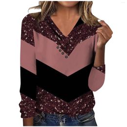 Women's T Shirts Fashion Geometry Print Shirt Women Spring Autumn V-neck Long Sleeve For 2024 Casual Loose Folds Button Tshirt