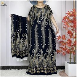 Muslim Abayas Short Sleeve Floral Printing Cotton Loose Robe African Dashiki Lady Summer Maxi Casual Dress With Large Scarf 240529