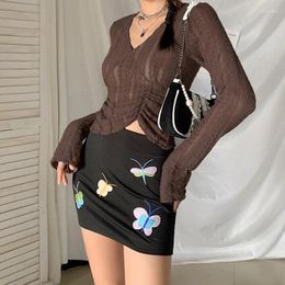 Women's T Shirts Mesh See Through Shirt Brown Women Sexy 2024 Autumn Solid Flared Long Sleeve V Neck Y2k Fashion Slim Commute Tops Tee