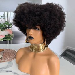 Black Lace Front Human Hair Wigs with Bangs Short Bob Afro Kinky Curly Lace Frontal Wig for Black Women Full 180% Density Fnjde
