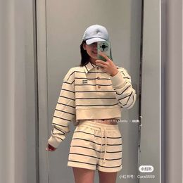 Women's Suits & Blazers 24ss Spring/summer Korean Style Embroidered Letter Stripe Polo Collar Long Sleeved Sweatershorts Casual Sports Set