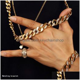 Bracelet & Necklace Men Hip Hop Iced Out 18K Gold Plated W/Cz Curb Miami Cuban Link Chain Bracelets Bling Jewelry Set Drop Delivery S Dhs8H