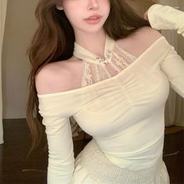 Women's T Shirts Off-shoulder Pleated Sexy Slim Halter Long-sleeved T-shirt Women 2024 Spring High Street Fashion Lace Stitching Crop Tops