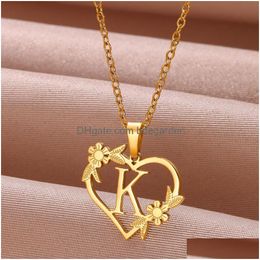 Pendant Necklaces Dainty Flower Initials Necklace For Women Girls 18K Gold Plated Stainless Steel Heart Shape Letter Choker Best Gifts Dhev2