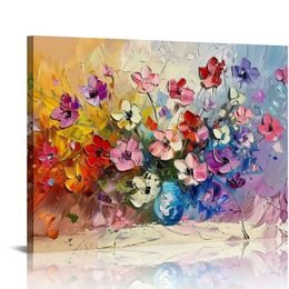 Colorful Floral Canvas Wall Art Painted Flower Artwork Frameds Modern Abstract Landscape Painting Textured Flower Pictures for Living Room Bedroom Bathroom Decor