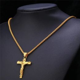Necklaces Vintage Religious Jesus Cross Necklace for Men Fashion 14k Yellow Gold Cross Pendent with Chain Necklace Jewellery Gifts for Men