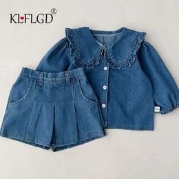 Clothing Sets fashionable ldrens set denim top+jeans short Korean version girl casual sports two-piece 0-6 year old cloth H240530