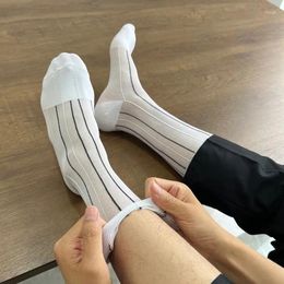 Men's Socks Plus Size Stockings Summer Thin Nylon Striped Silk Elastic Retro Sexy White For Men Business Formal Wear Dress