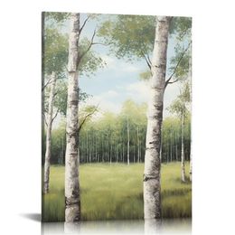White Birch Trees Painting Green Forest Canvas Wall Art Prints Landscape Pictures Living Room Wall Decor Ready to Hang