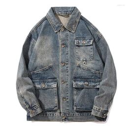 Men's Jackets Vintage Jeans Jacket Fashion High Street Washed Retro Denim Coat With Multi Pockets Spring Autumn Cowboy Outerwear