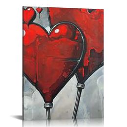 Large Canvas Wall Art Butterfly Love Red Heart Painting Abstract Romantic Grey Artwork Stretched and Framed Ready to Hang for Home Bedroom Decoration