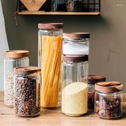 Storage Bottles Glass Jar Container Wooden Lid Sealed Candy Food Bottle Coffee Bean Pasta Grain Oatmeal High-capacity