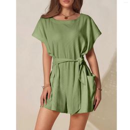 Casual Dresses Summer Jumpsuit O-neck Short Sleeve Rompers Solid For Woman Shorts Jogger Pants Playsuit Overalls Bodysuits With Pockets