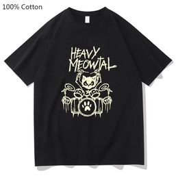 Heavy Meowtal Cat Printed T-shirt Funny Graphic Tshirt Fashion Mens Tops Shirt 100% Cotton T Shirts for Summer Male 240530