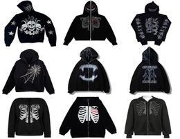 Mens Hoodies Sweatshirts Rhines Spider Web Skeleton Print Black Y2k Goth Longsleeve Full Zip Hoodies Oversized Jacket America7672090