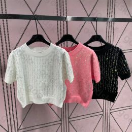 Shirts Women's Luxury Sequin Knitted Crewneck Short Sleeve Pullover Sweater, Soft Knitwear Tops
