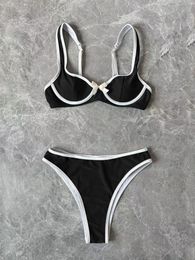 2024 New Sexy Low Waist Push Up Bikini Set Solid Thong Bow Print Swimwear Women Swimsuit Strappy Beachwear Bathing Suits biquini