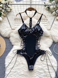 SINGREINY PU Leather Sensual Halter Camis Rompers Drawstring Lace-Up Slim Playsuits Female Open Crotch Erotic Lingerie Bodysuits 240529