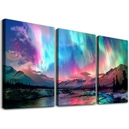 Aurora Borealis Canvas Wall Art Northern Lights Picture Print Snowy Mountain Nature Landscape Painting Home Decor Frame 12''x16''X3 Panels