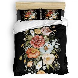 Bedding Sets Roses And Poppies Bouquet On Charcoal Black Duvet Cover Set Collection Of 3/4pcs Bed Sheet Pillowcases