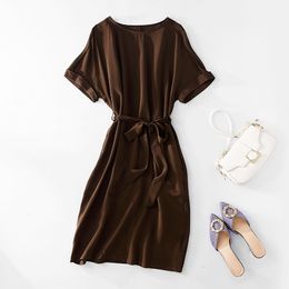 2024 Summer Brown Solid Colour Panelled Dress Short Sleeve Round Neck Silk Waist Belted Knee-Length Casual Dresses C4A2390319