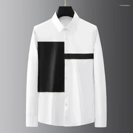 Men's Casual Shirts Cotton Black White Luxury Long Sleeve Gold Piping Mens Dress Fashion Slim Fit Korean Clothes