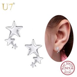 U7 925 Sterling Silver Triple Stars Stud Earring for Woman Push Back Post Elegant Daily Jewellery 240530