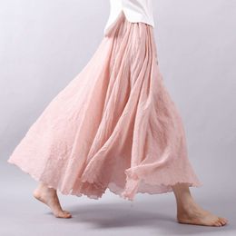 Designer's New Summer Art Loose Size Cotton and Hemp Half Skirt Elastic Waist A-line Long Skirt Solid Colour Pleated Large hem SkirtF1JC