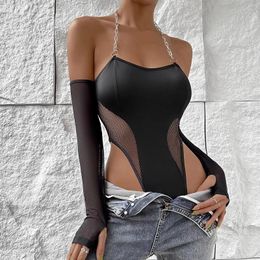 Bras Sets Y2K Streetwear Chain Halter Black Fishnet Skinny Sexy Bodysuit Summer Backless Female Body Club Party Catsuit Erotic Lingerie