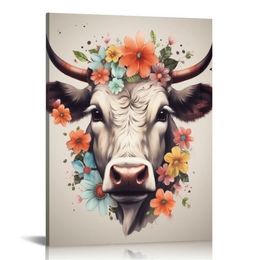 Highland Cow Poster Wearing Sunglasses and Flowers Canvas Wall Art Animal Picture for Nursery Farmhouse Kitchen Room