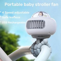 Portable baby stroller fan flexible USB charging 4-speed adjustable blade free handheld tabletop baby stroller cooling fan octopus 240527